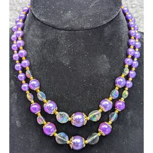 Beaded Necklace, Purple Faux Pearls, AB and Gold-tone Beads, Hook Clasp, Japan